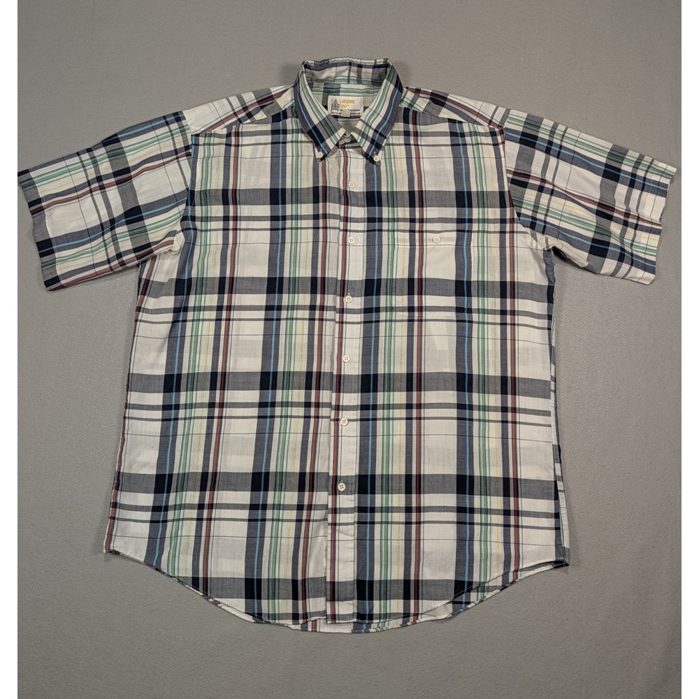 Vintage London Fog Mens Large Short Sleeve Plaid Button Down Shirt White Blue